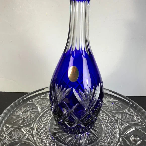 Dresden Crystal Bleikristall Blue Wine Decanter Cut to Clear Germany 14 in #BA85 - Picture 3 of 10